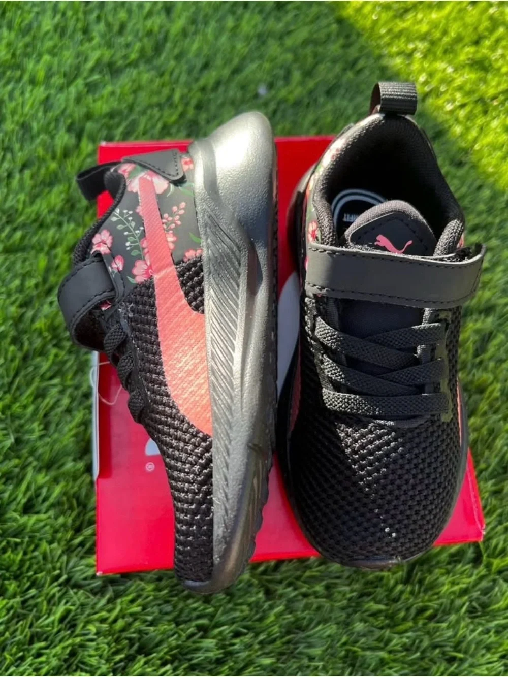 Puma Kids Black Sneakers with Pink Floral Accents